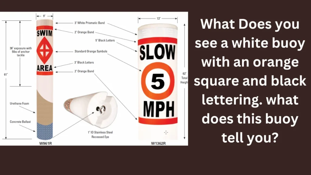 What Does you see a white buoy with an orange square and black lettering. what does this buoy tell you?